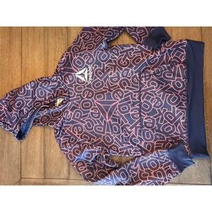 Reebok Womens Navy Blue Red All Over Logo Print Hoodie Sweatshirt Activewear